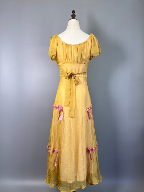 Vintage Yellow Regency Era Dress with Puff Sleeves and Pink Bows - Yellow Regency Era Dress Plus Size